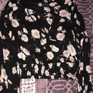 black, see through long sleeve blouse with flowers